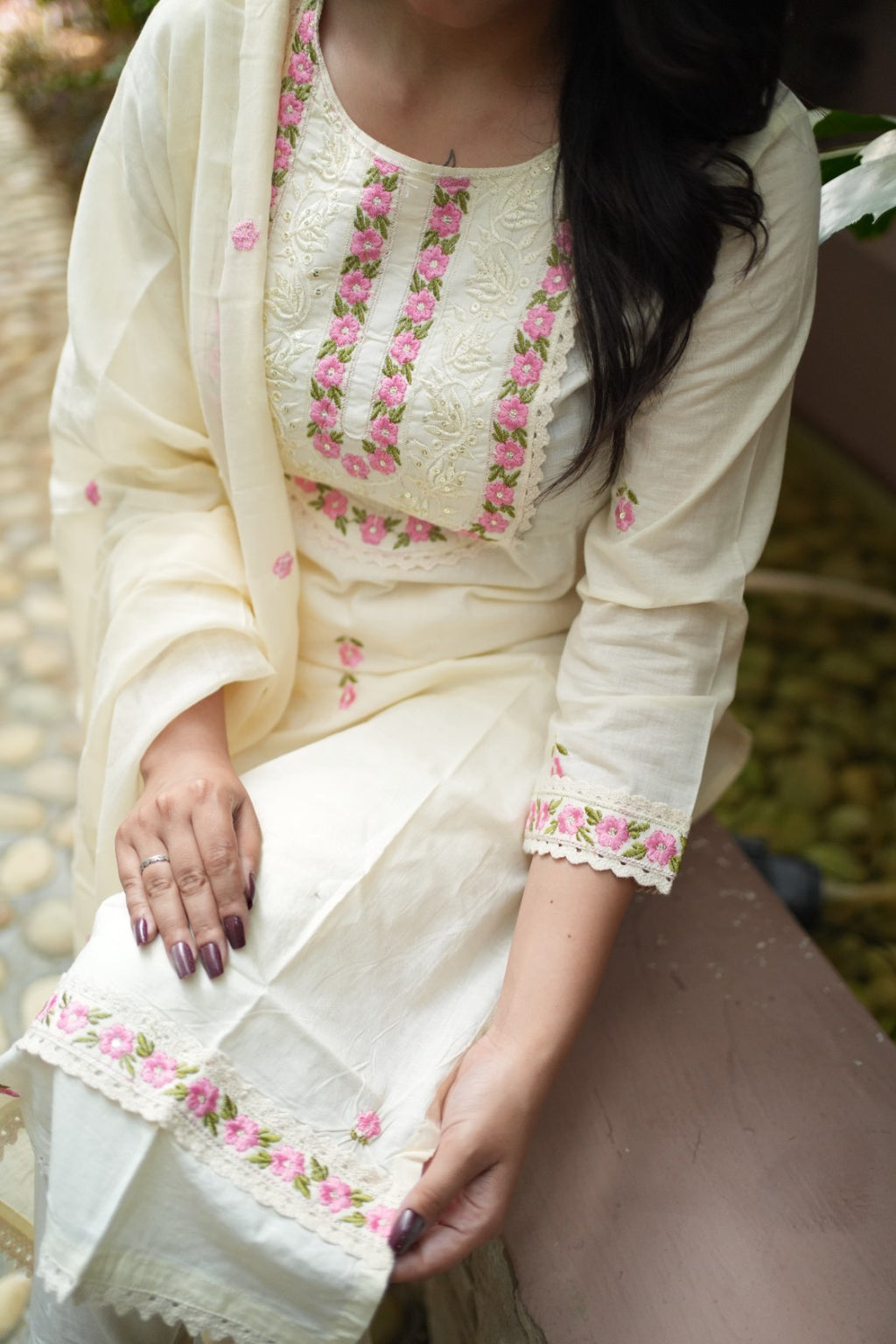 Ivory Floral Embroidered Handwork Kurta Set