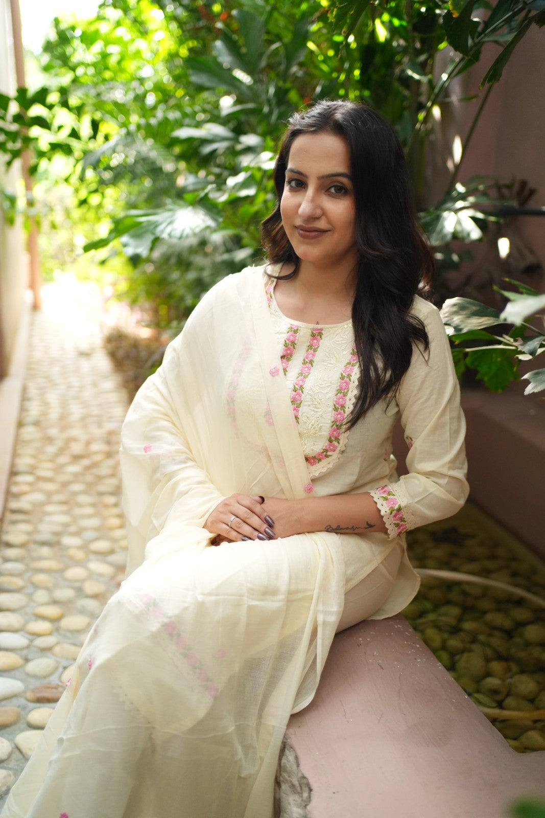 Ivory Floral Embroidered Handwork Kurta Set