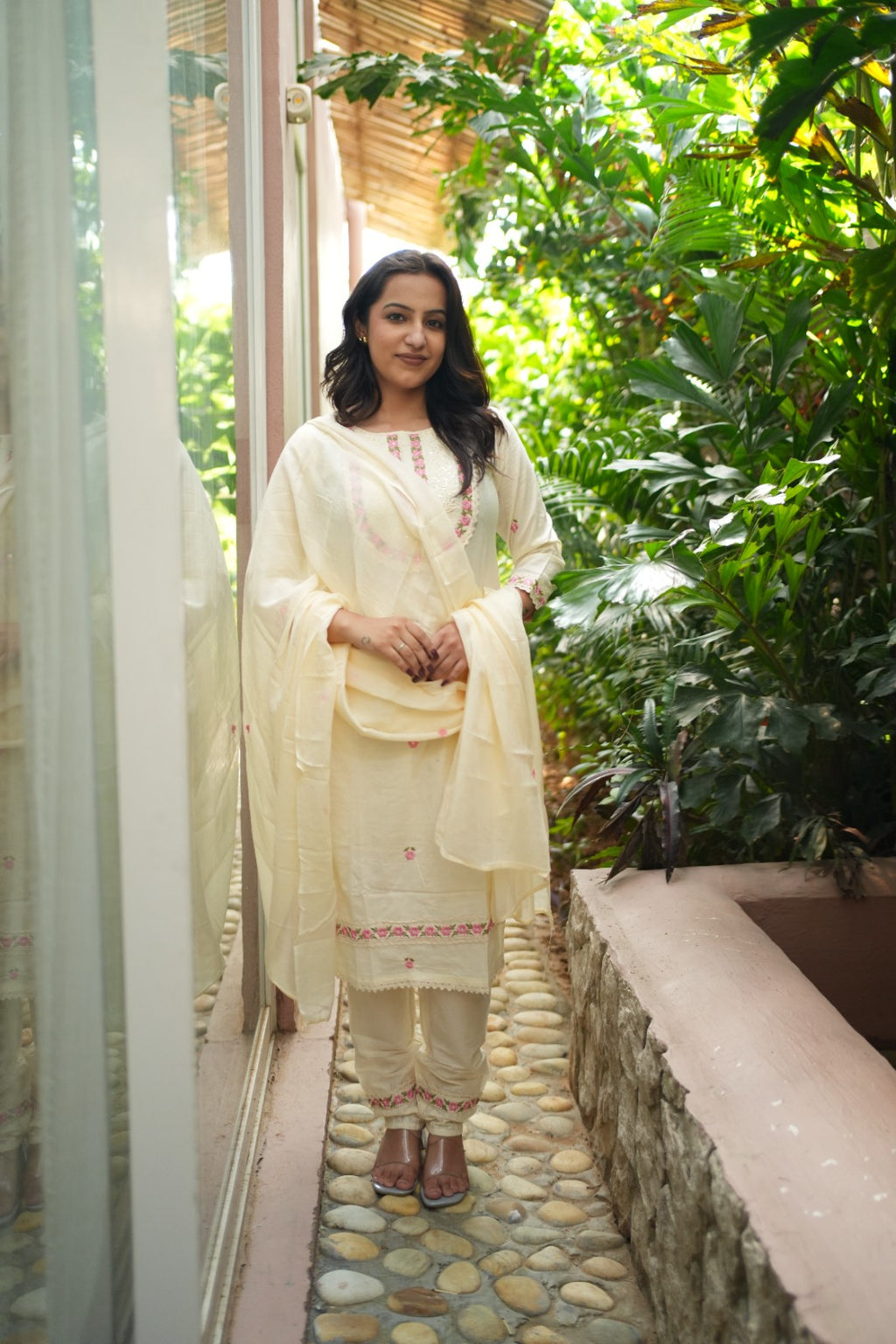 Ivory Floral Embroidered Handwork Kurta Set