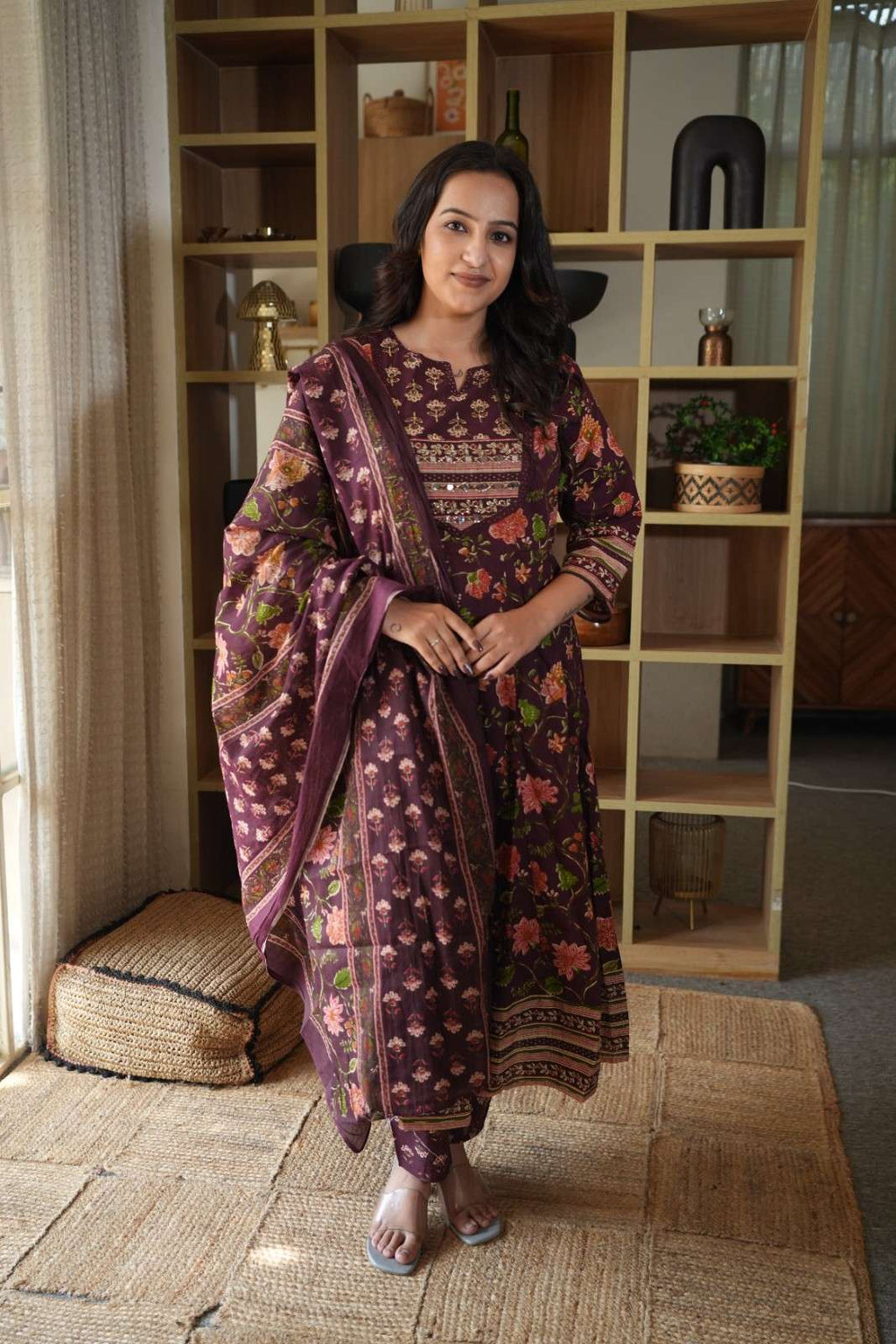 Wine Floral Printed Embroidered Gown Set with Mirror Work