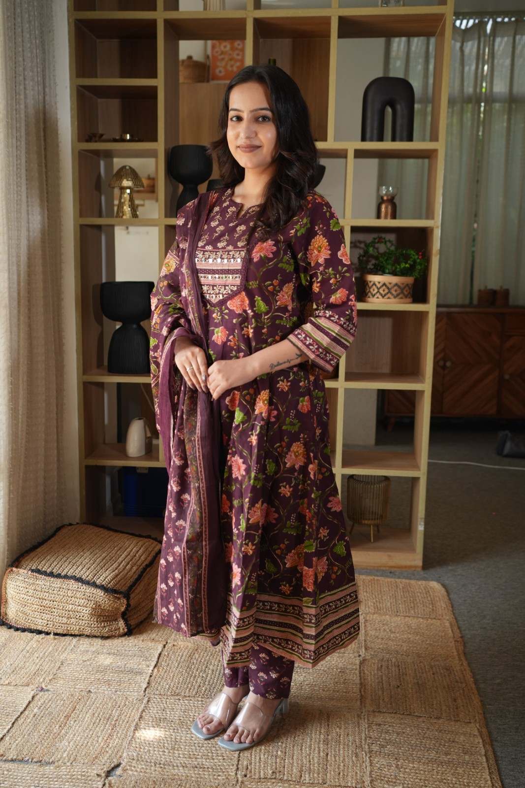 Wine Floral Printed Embroidered Gown Set with Mirror Work