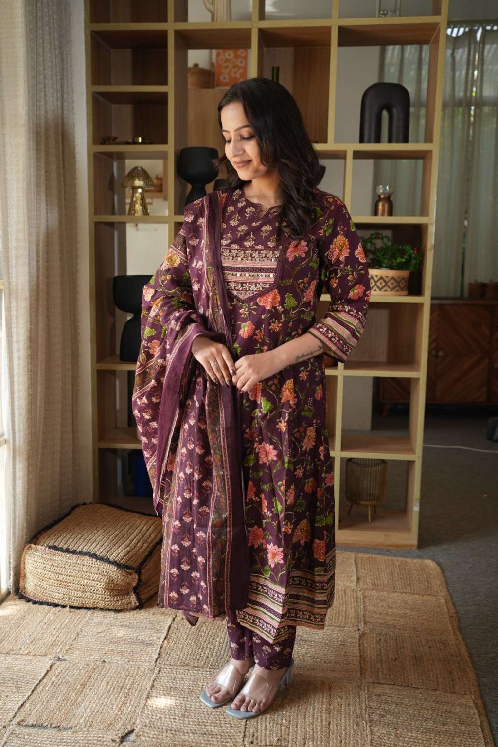 Wine Floral Printed Embroidered Gown Set with Mirror Work