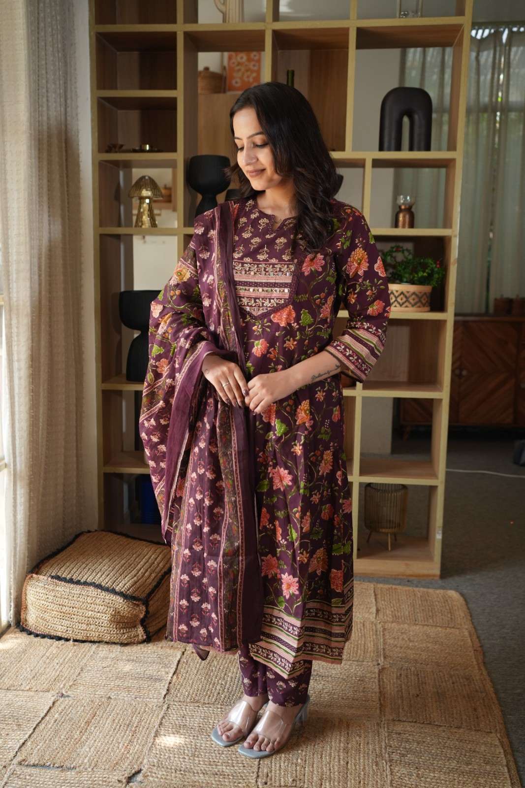 Wine Floral Printed Embroidered Gown Set with Mirror Work