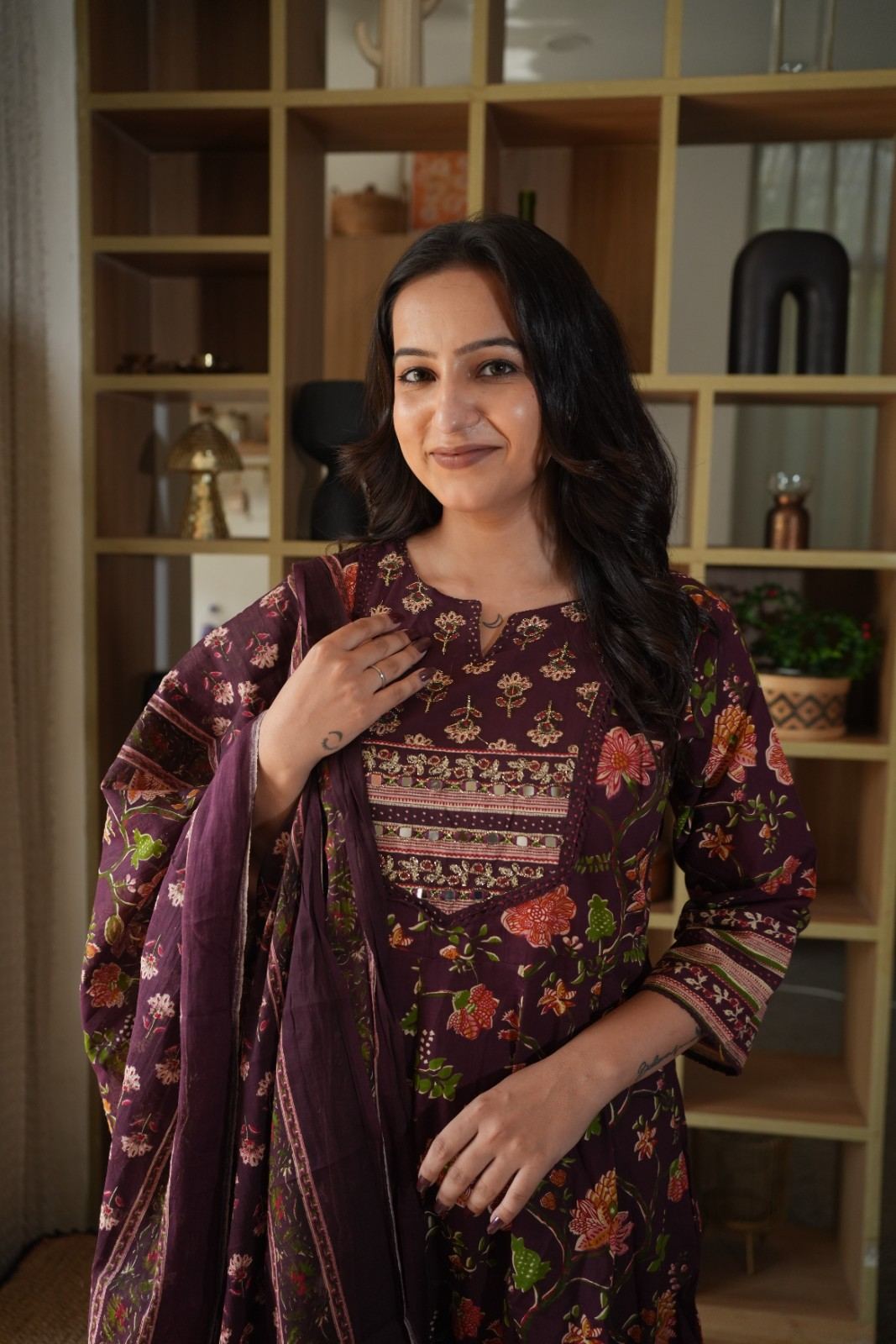 Wine Floral Printed Embroidered Gown Set with Mirror Work
