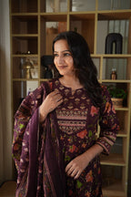 Wine Floral Printed Embroidered Gown Set with Mirror Work