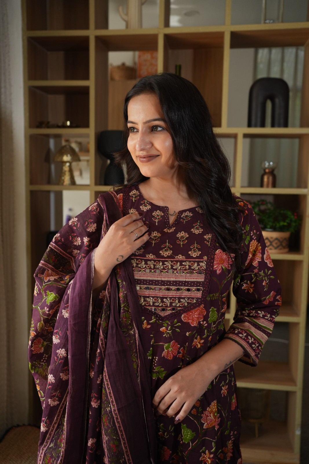 Wine Floral Printed Embroidered Gown Set with Mirror Work