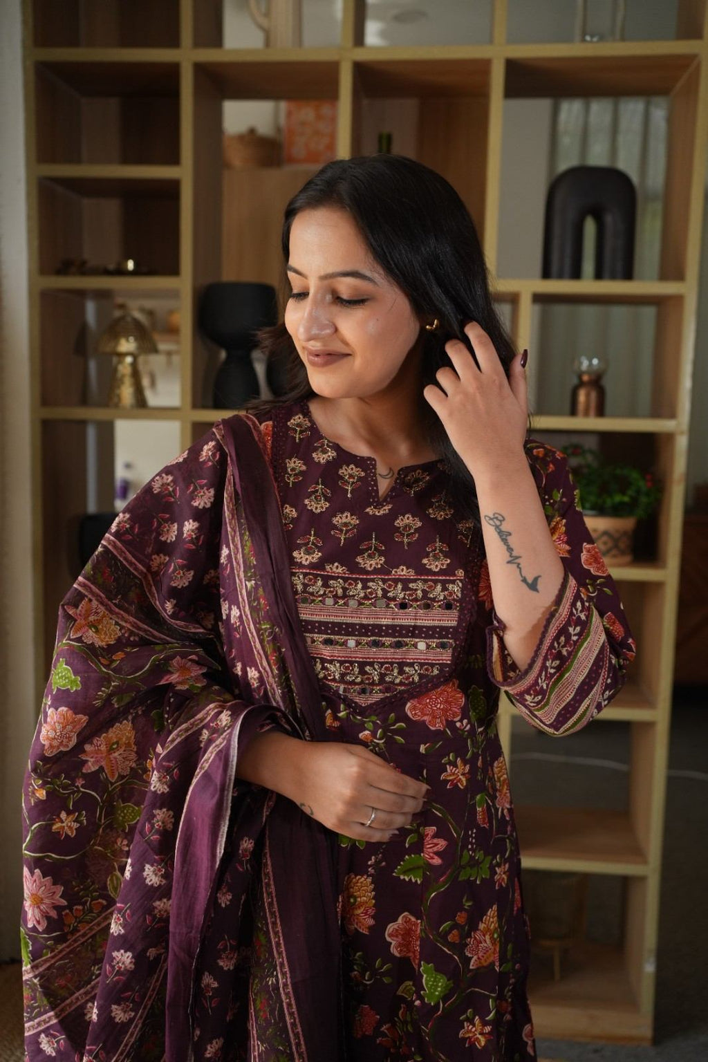 Wine Floral Printed Embroidered Gown Set with Mirror Work