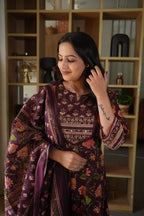 Wine Floral Printed Embroidered Gown Set with Mirror Work