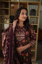 Wine Floral Printed Embroidered Gown Set with Mirror Work