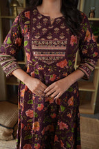 Wine Floral Printed Embroidered Gown Set with Mirror Work