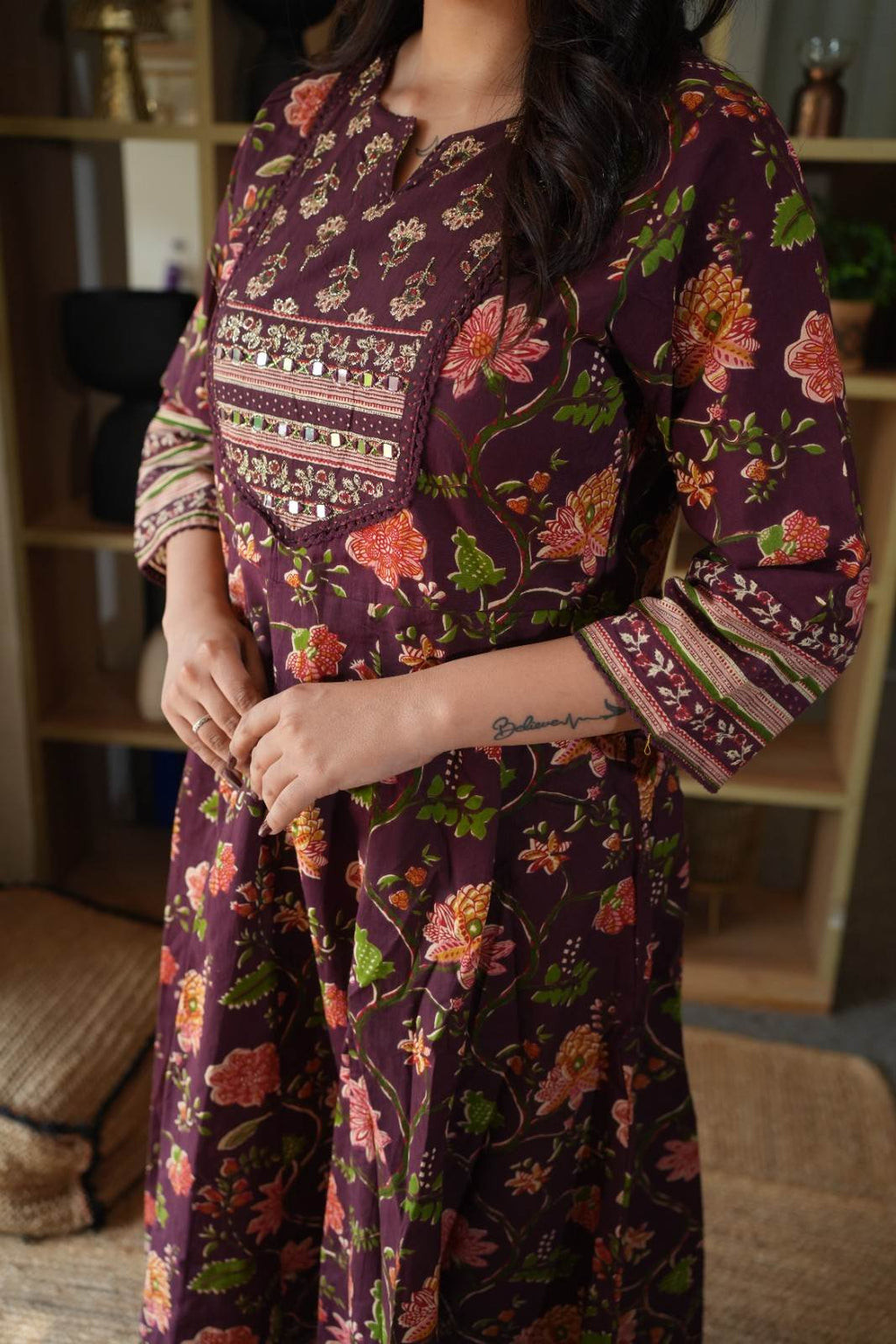 Wine Floral Printed Embroidered Gown Set with Mirror Work