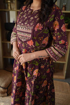 Wine Floral Printed Embroidered Gown Set with Mirror Work