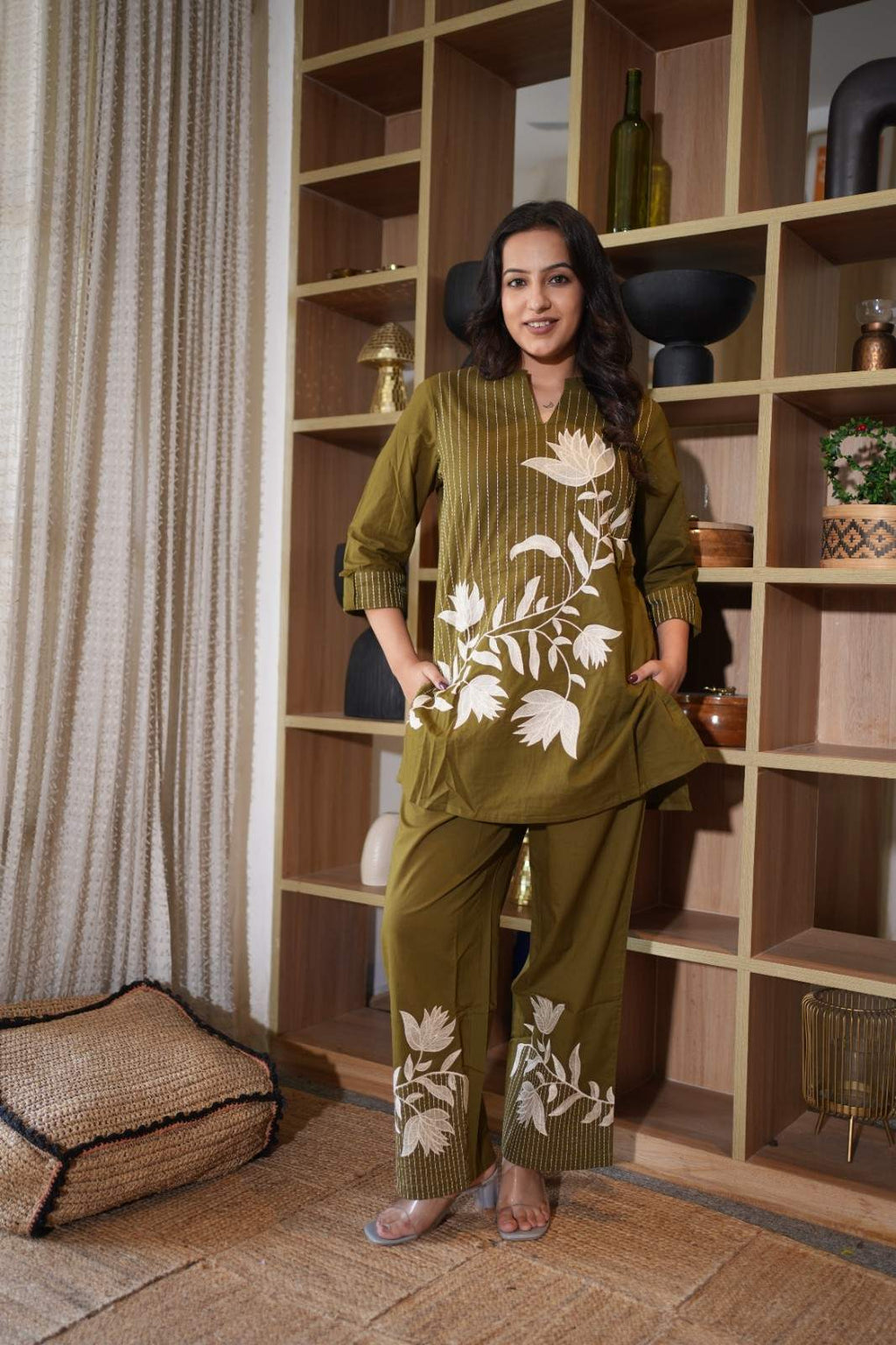 Olive Green Floral Co-Ord Set for Women