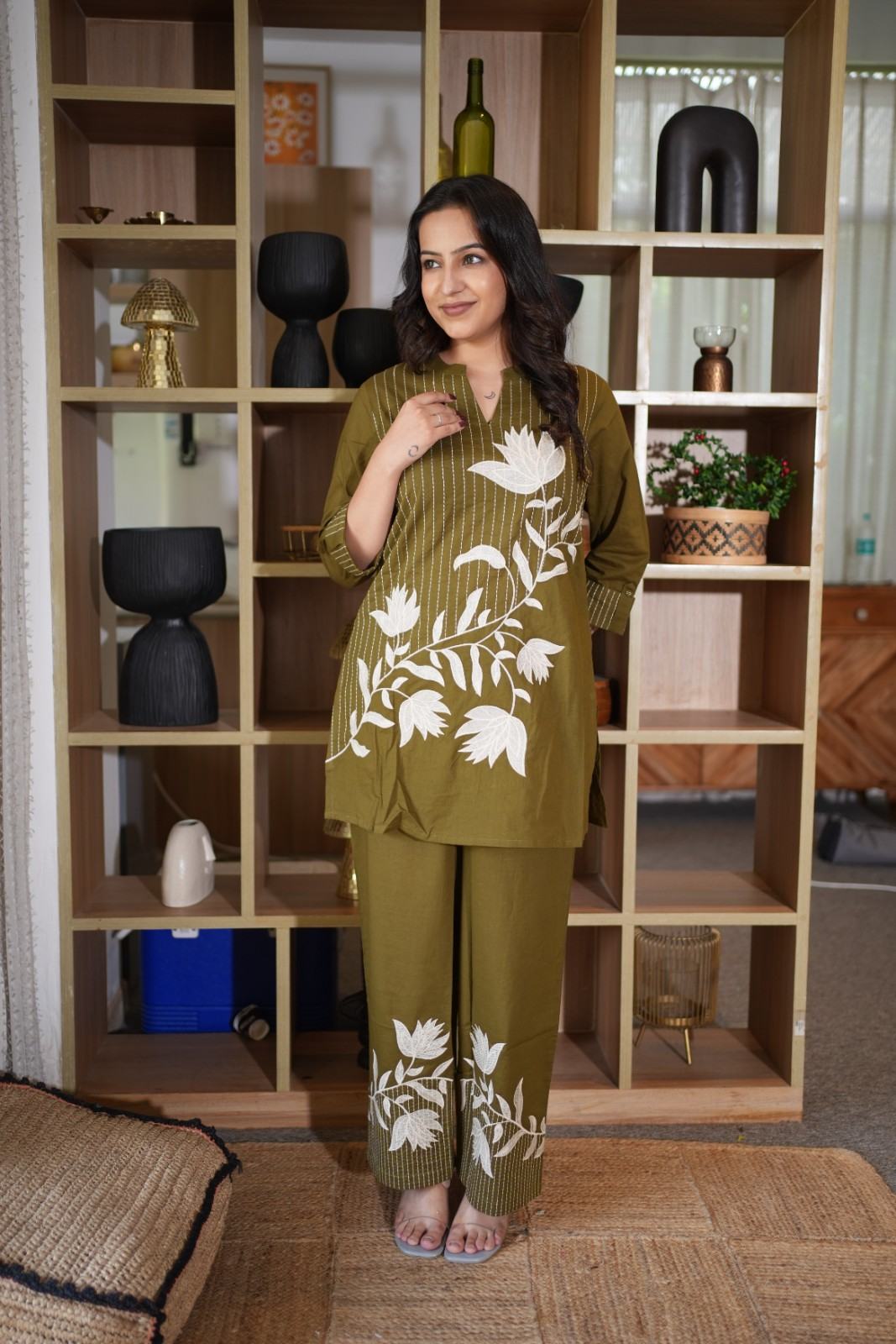 Olive Green Floral Co-Ord Set for Women