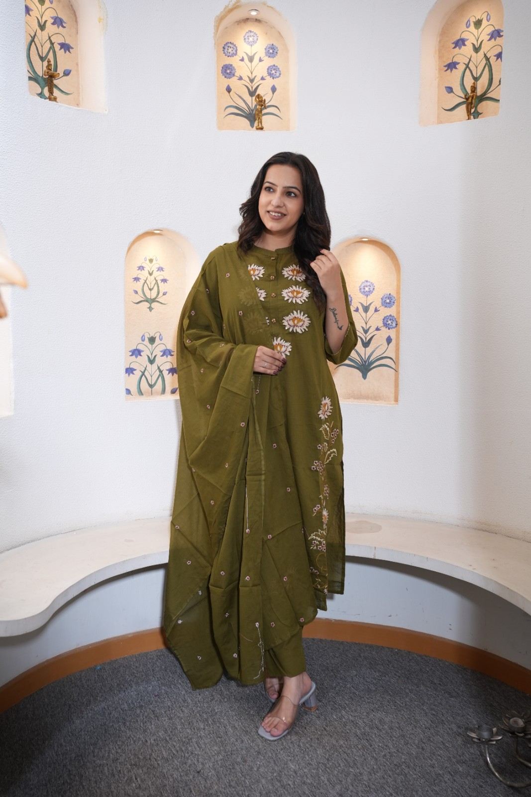 Olive Green Floral Embroidered Handwork Kurta Set