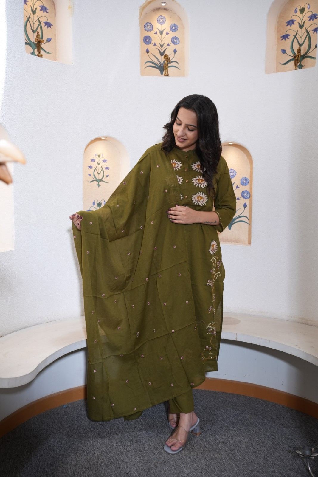 Olive Green Floral Embroidered Handwork Kurta Set