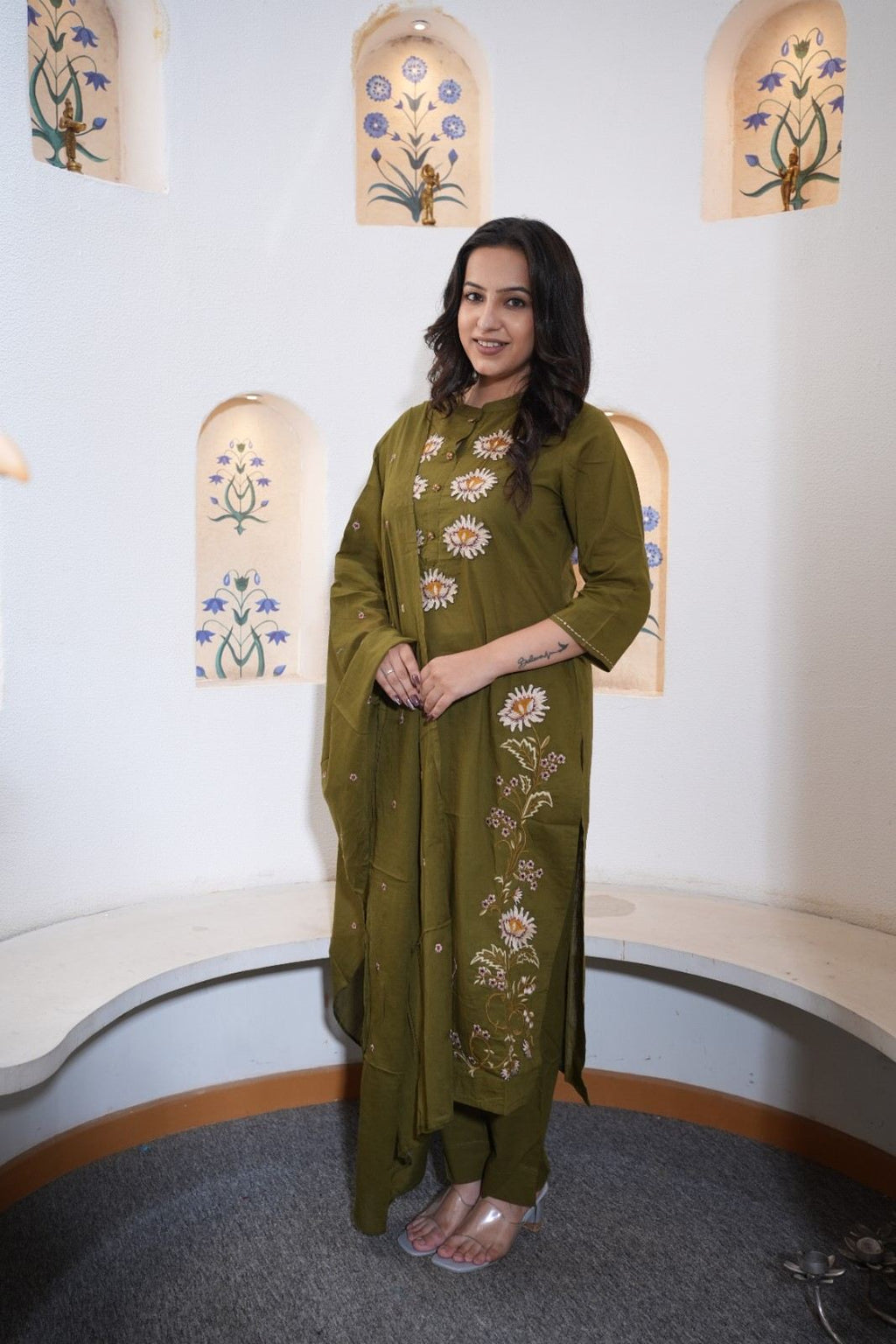 Olive Green Floral Embroidered Handwork Kurta Set