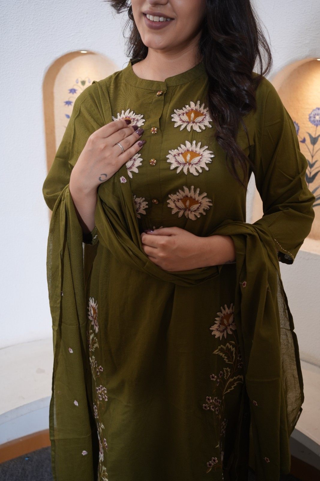Olive Green Floral Embroidered Handwork Kurta Set