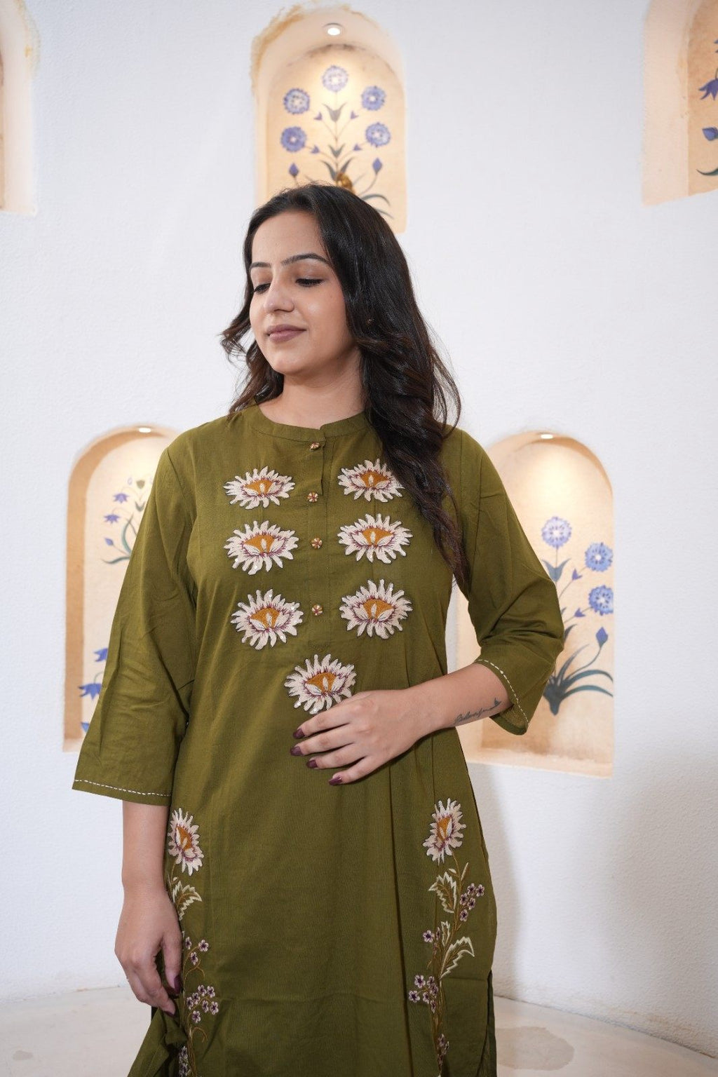 Olive Green Floral Embroidered Handwork Kurta Set