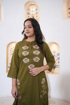 Olive Green Floral Embroidered Handwork Kurta Set