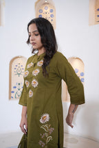 Olive Green Floral Embroidered Handwork Kurta Set