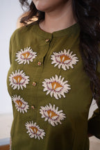 Olive Green Floral Embroidered Handwork Kurta Set