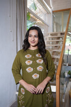 Olive Green Floral Embroidered Handwork Kurta Set