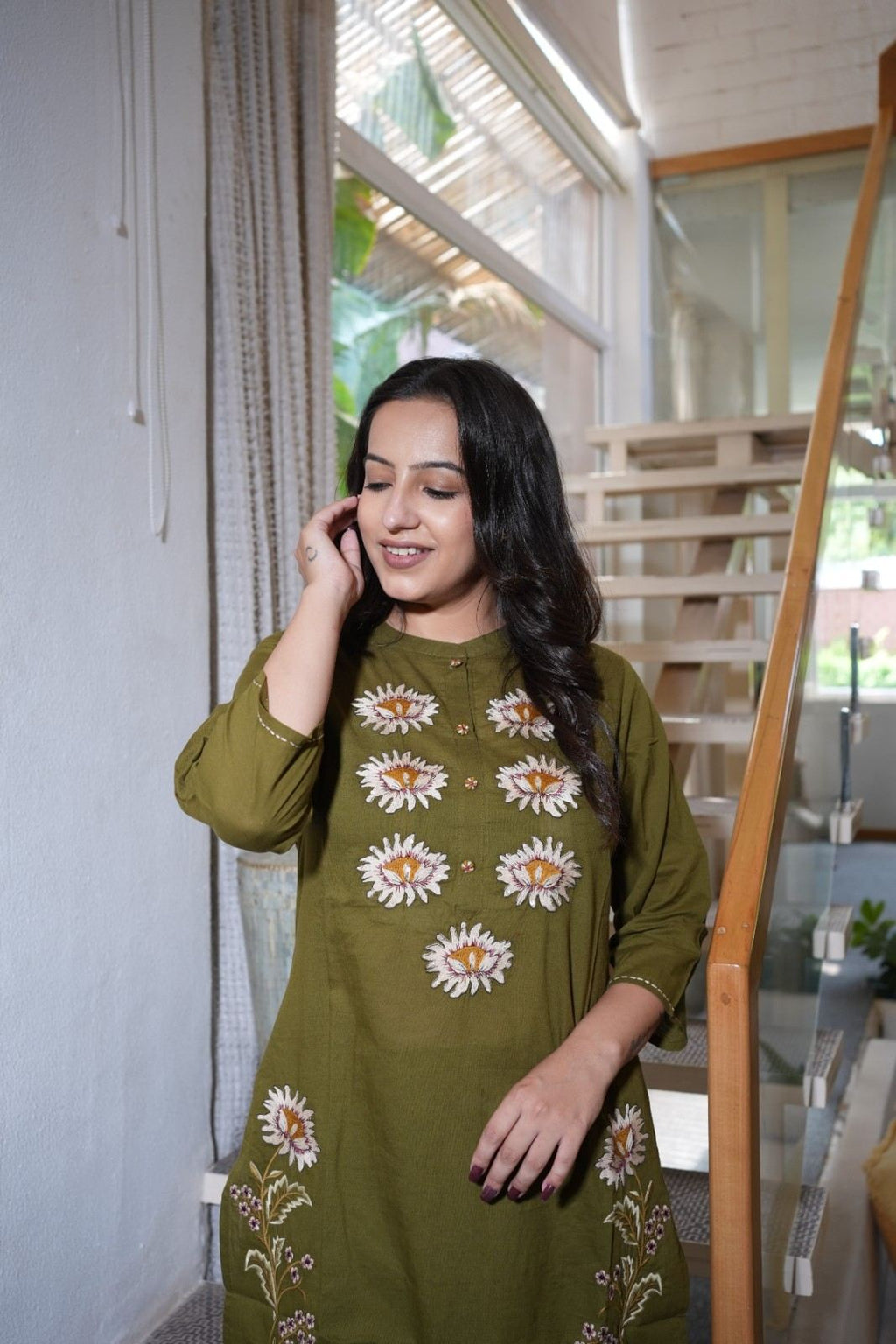 Olive Green Floral Embroidered Handwork Kurta Set