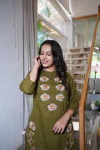 Olive Green Floral Embroidered Handwork Kurta Set