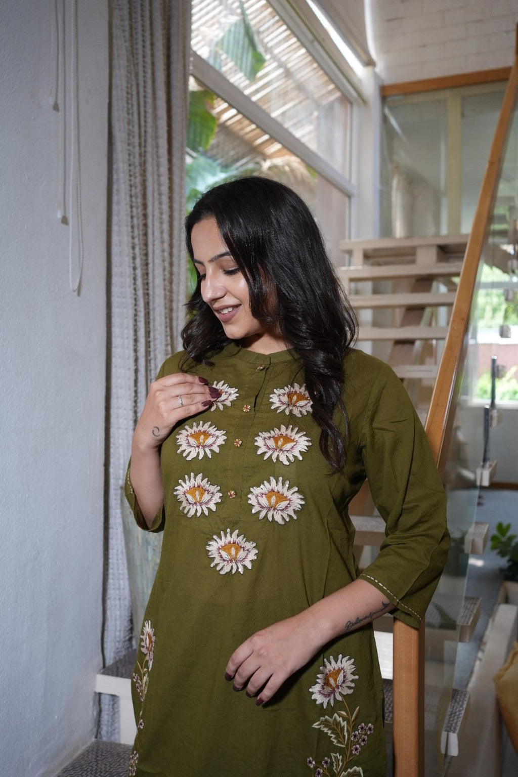 Olive Green Floral Embroidered Handwork Kurta Set