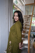 Olive Green Floral Embroidered Handwork Kurta Set