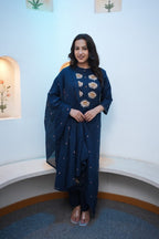 Navy Blue Floral Embroidered Straight Kurta Set