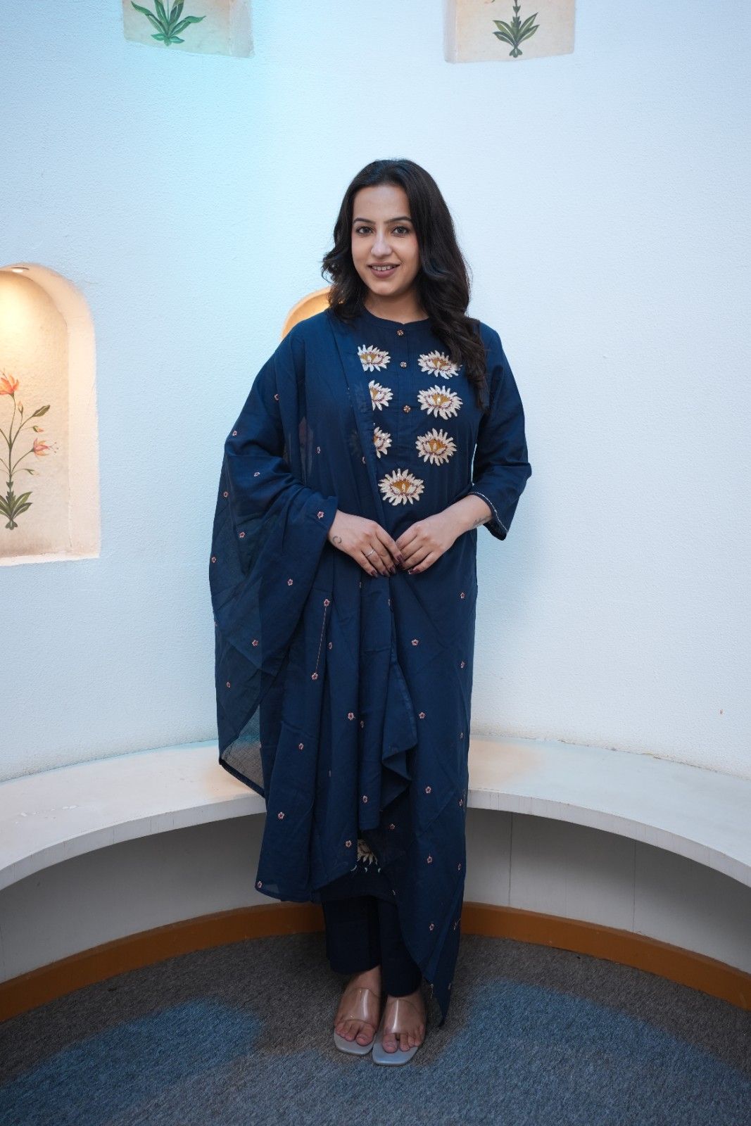 Navy Blue Floral Embroidered Straight Kurta Set