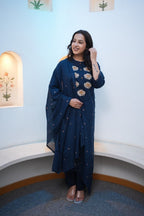 Navy Blue Floral Embroidered Straight Kurta Set