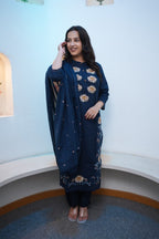 Navy Blue Floral Embroidered Straight Kurta Set
