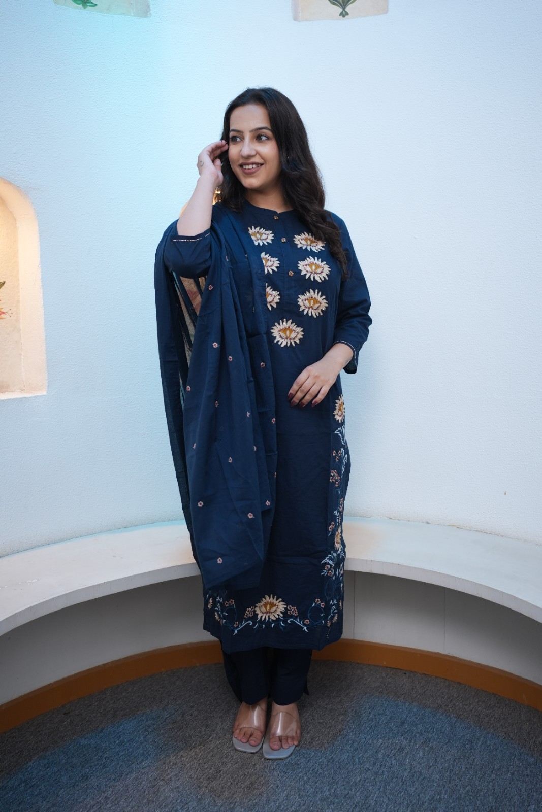 Navy Blue Floral Embroidered Straight Kurta Set