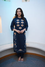 Navy Blue Floral Embroidered Straight Kurta Set