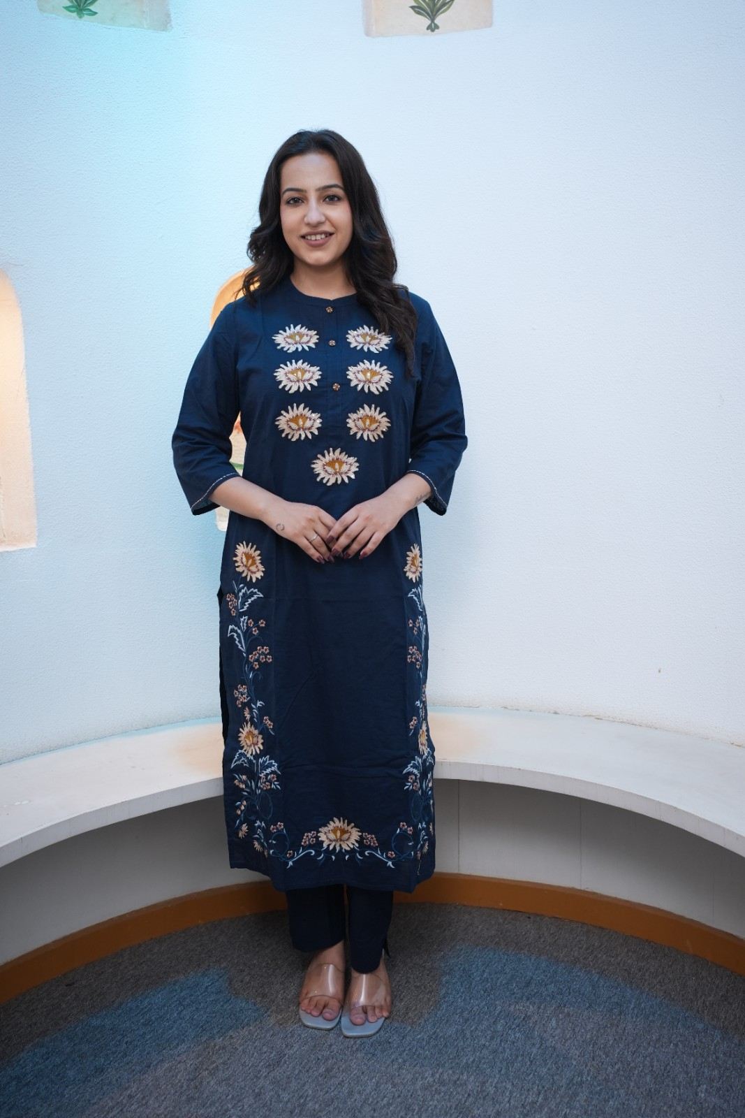 Navy Blue Floral Embroidered Straight Kurta Set
