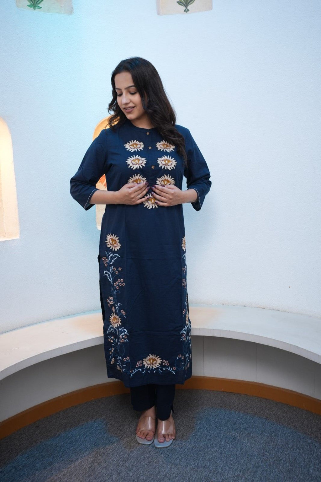 Navy Blue Floral Embroidered Straight Kurta Set