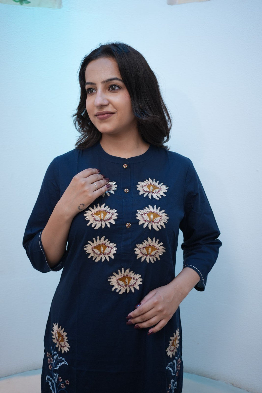 Navy Blue Floral Embroidered Straight Kurta Set