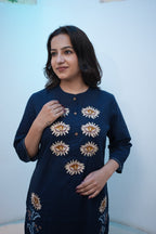 Navy Blue Floral Embroidered Straight Kurta Set