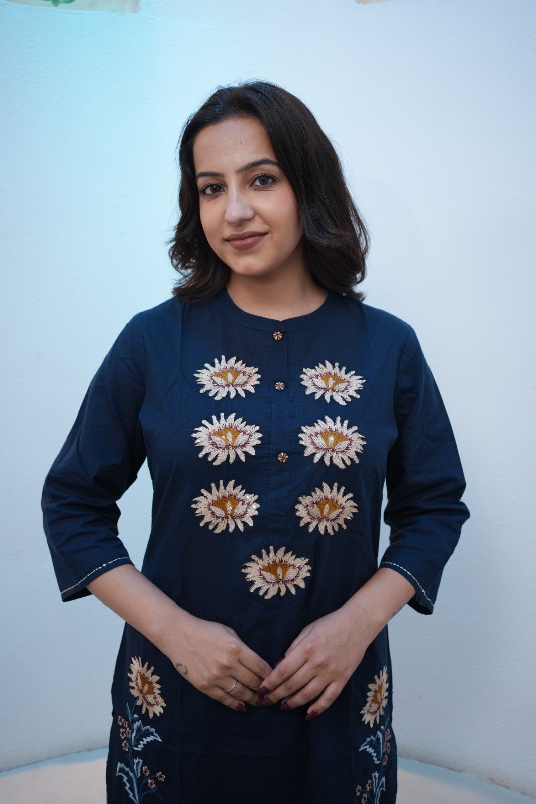 Navy Blue Floral Embroidered Straight Kurta Set
