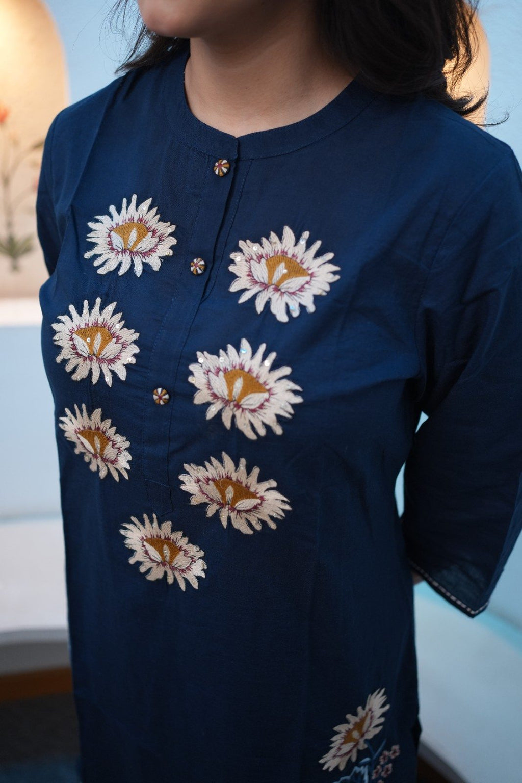 Navy Blue Floral Embroidered Straight Kurta Set
