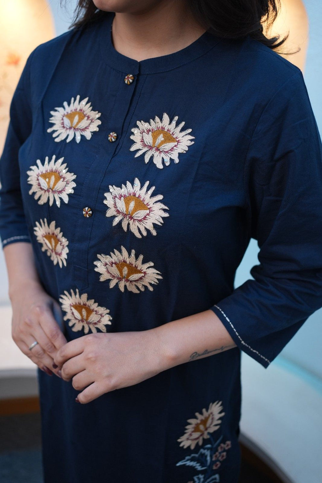 Navy Blue Floral Embroidered Straight Kurta Set