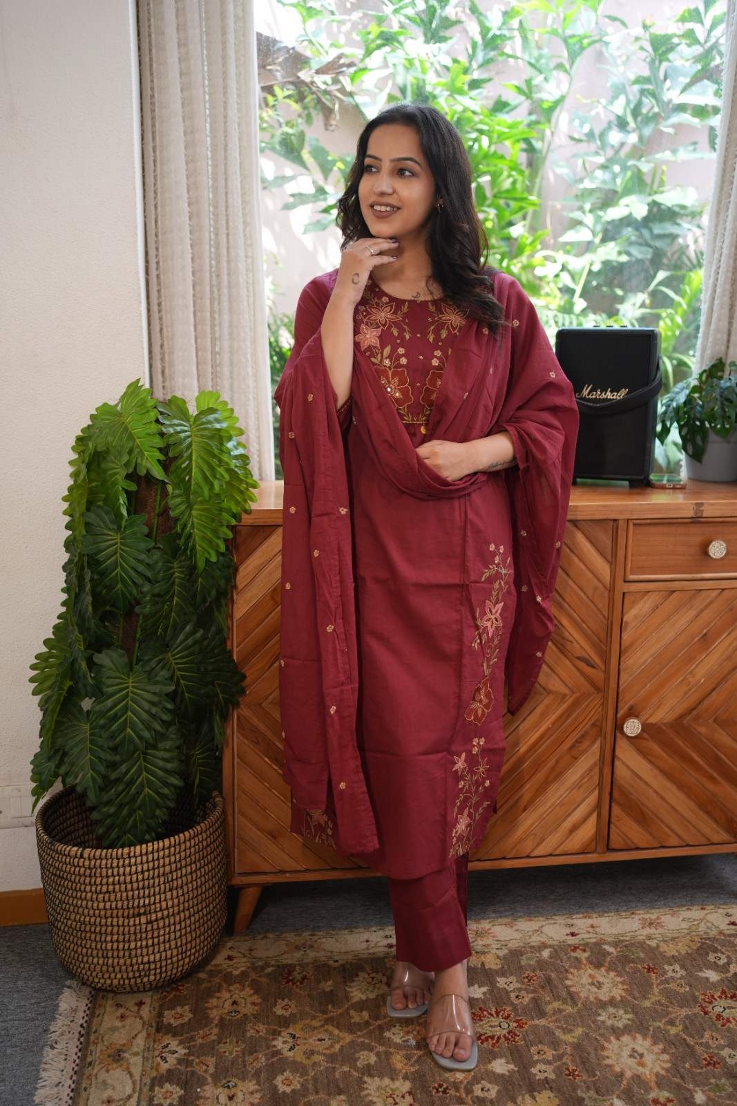 Maroon Embroidered Straight Kurta Set with Dupatta