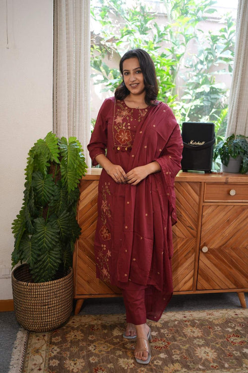 Maroon Embroidered Straight Kurta Set with Dupatta