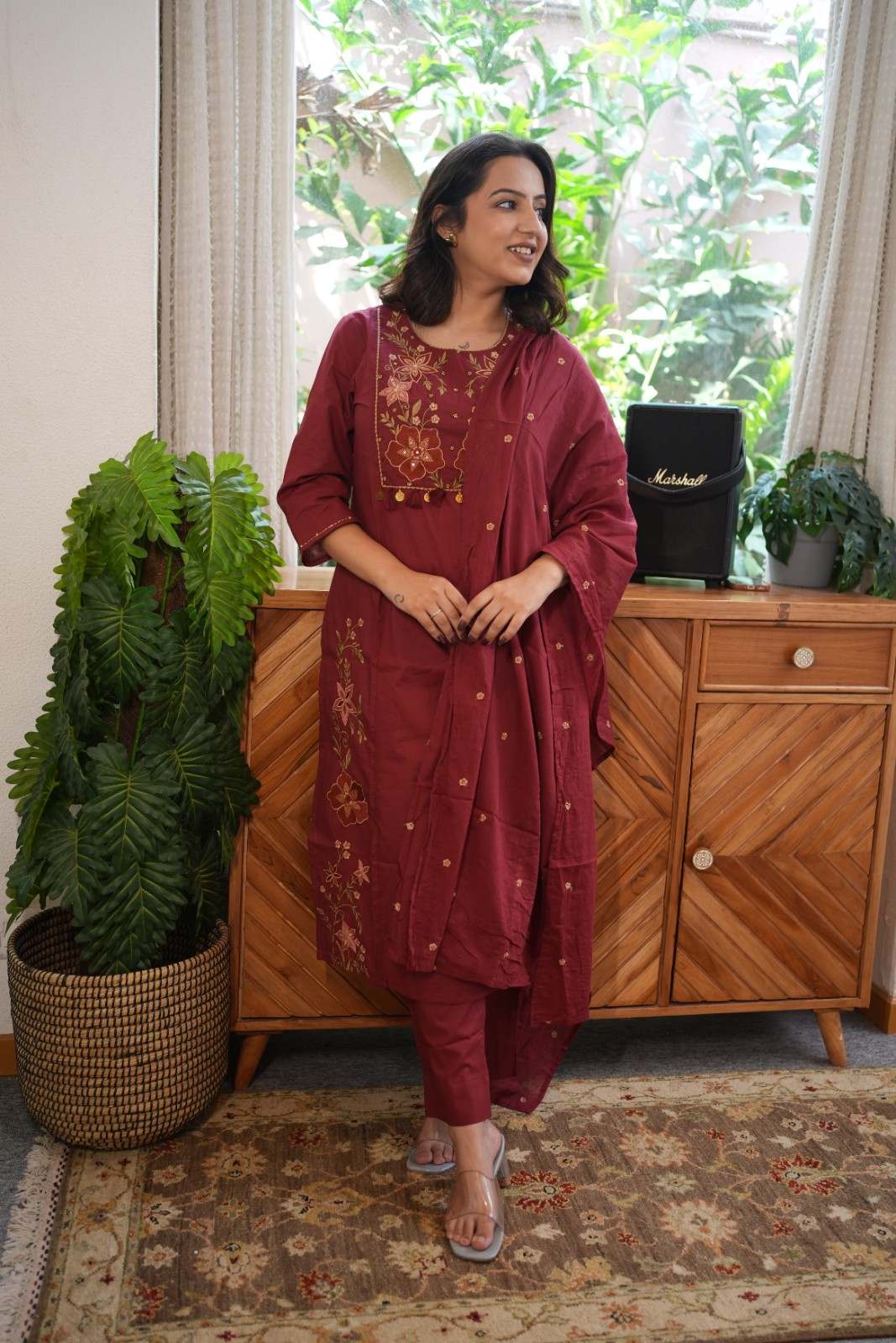 Maroon Embroidered Straight Kurta Set with Dupatta