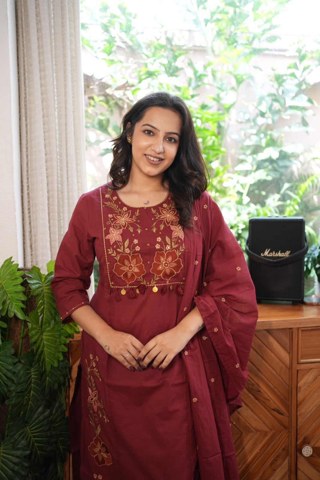 Maroon Embroidered Straight Kurta Set with Dupatta