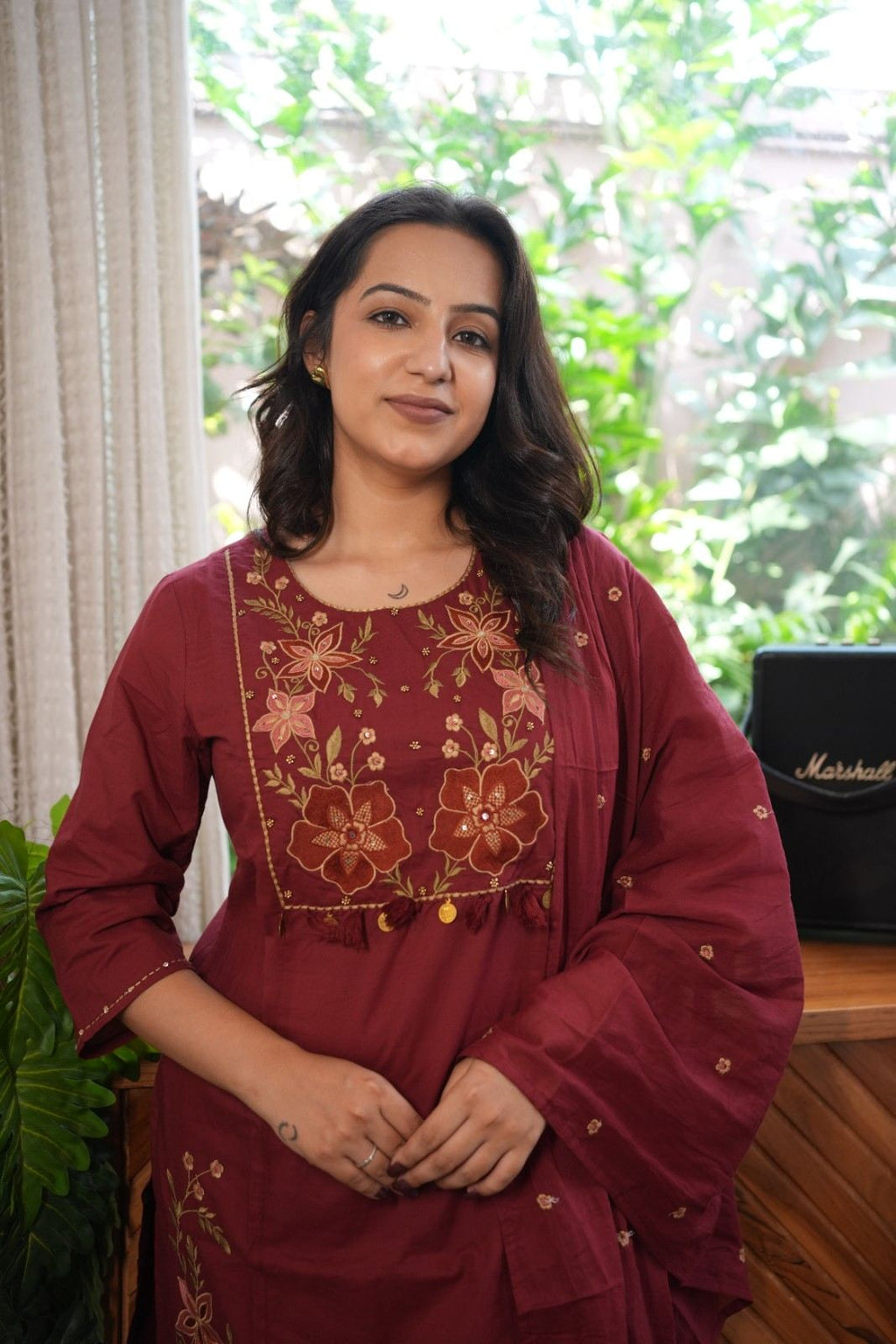 Maroon Embroidered Straight Kurta Set with Dupatta