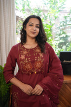Maroon Embroidered Straight Kurta Set with Dupatta